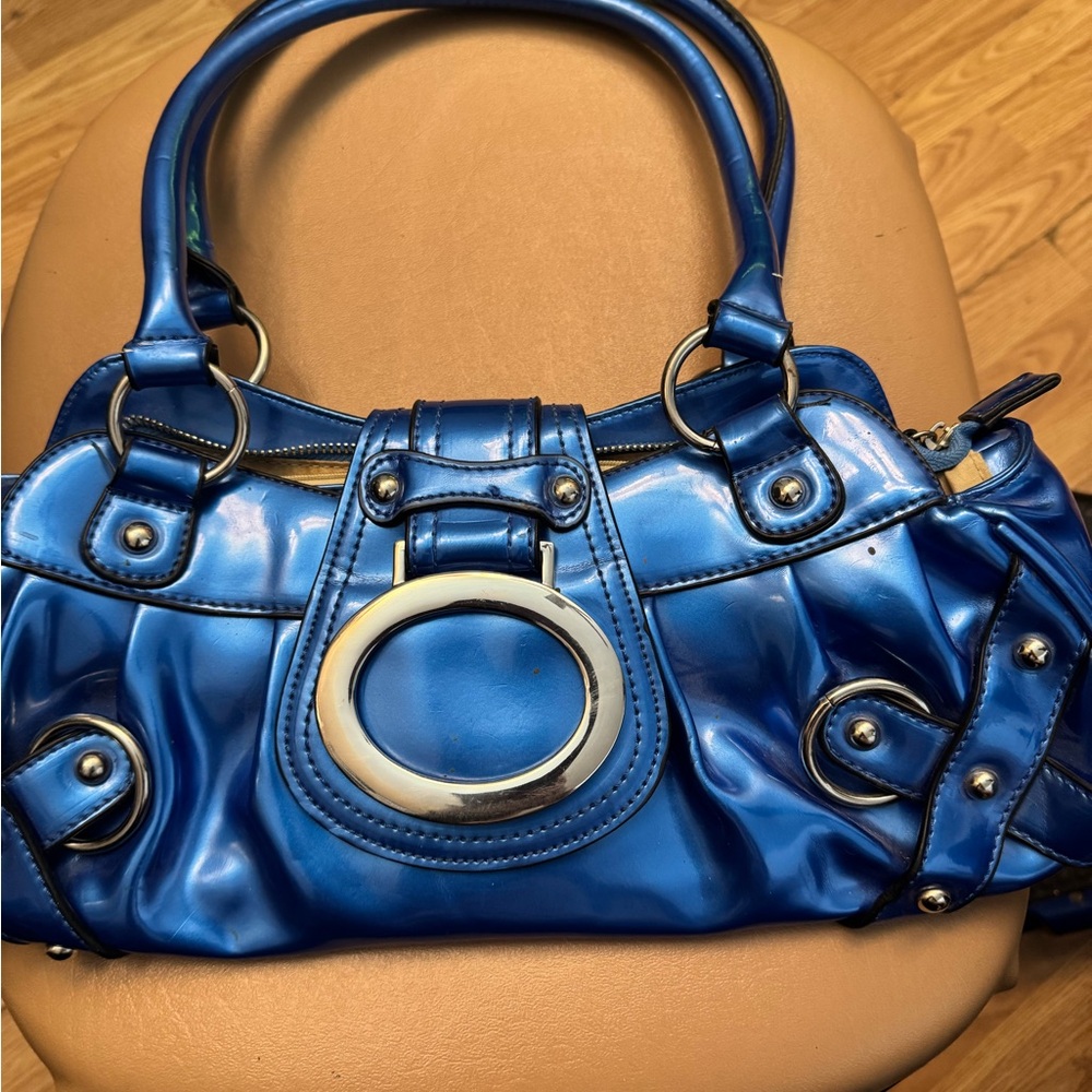 Metallic Blue Shoulder Bag with Silver Accents